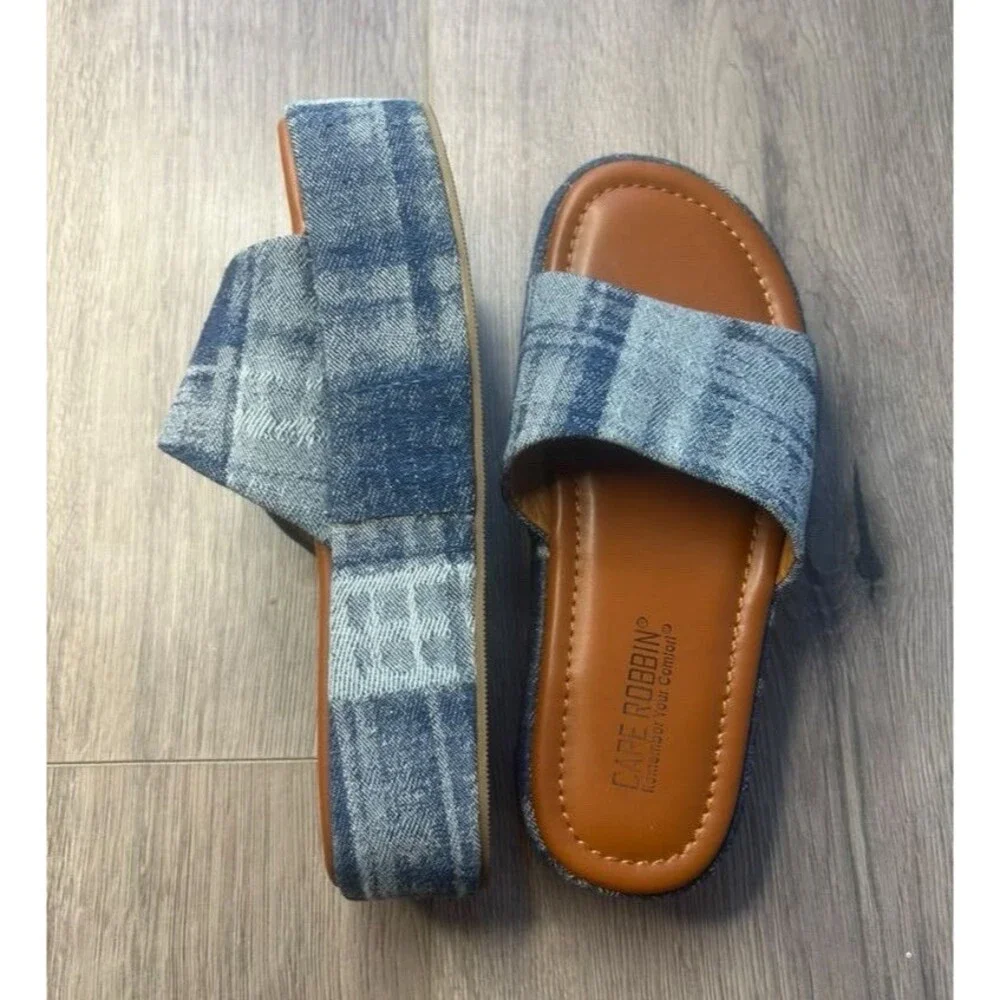 Catherine Malandrino Women’s Synthetic Wedge Slide Sandals Plaid Blue 6